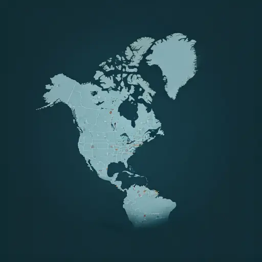 Map outline of North America with highlighted locations and modern design elements