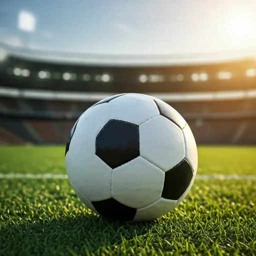 Close up of a soccer ball on a stadium pitch with blurred background and sunny day lighting