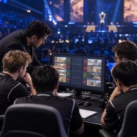 CS2 esports team reviewing map picks and bans before a tournament match