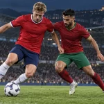Illustration of Norway and Portugal-inspired footballers facing off under stadium lights