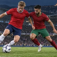 Illustration of Norway and Portugal-inspired footballers facing off under stadium lights