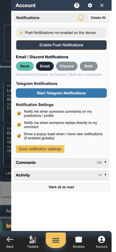 Mobile account sidebar with arrow 2 pointing to the notification bell and arrow 3 pointing to Start Telegram Notifications