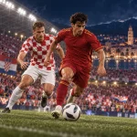 Illustration of Croatia and Spain footballers challenging for the ball under stadium lights